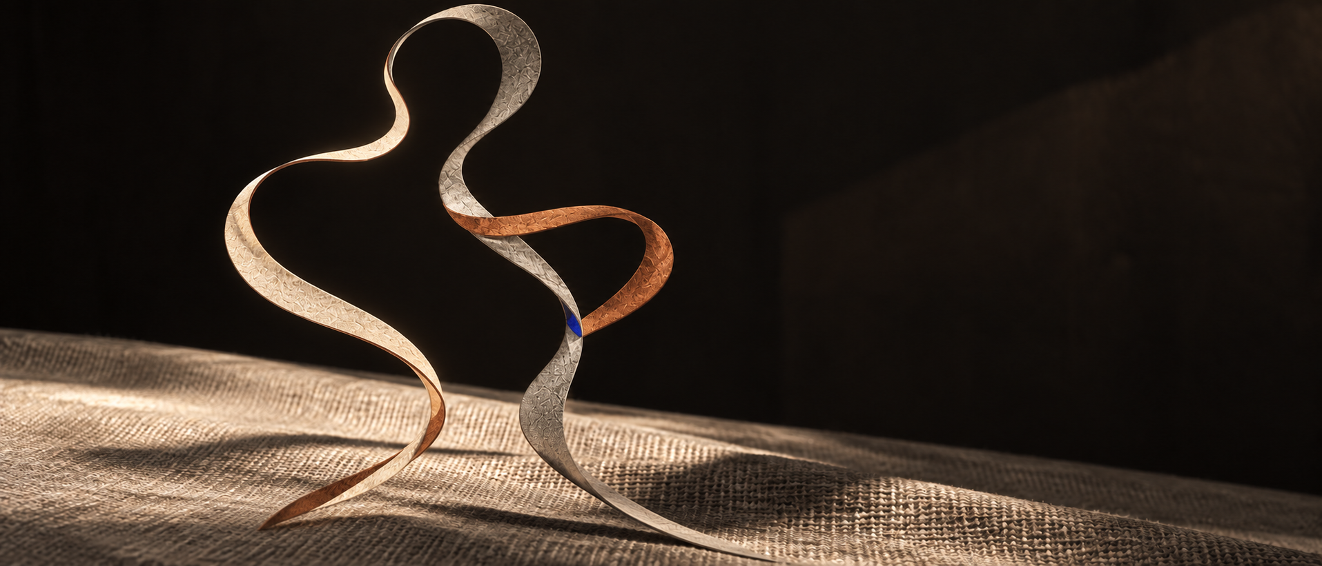 Contour study still: a standing graphite and copper ribbon on cloth. Campaign image, not a product photograph.