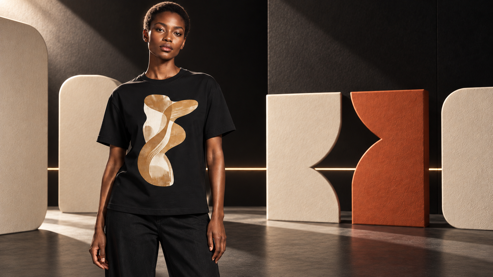Campaign concept of a person wearing a Texture tee in a sculptural studio